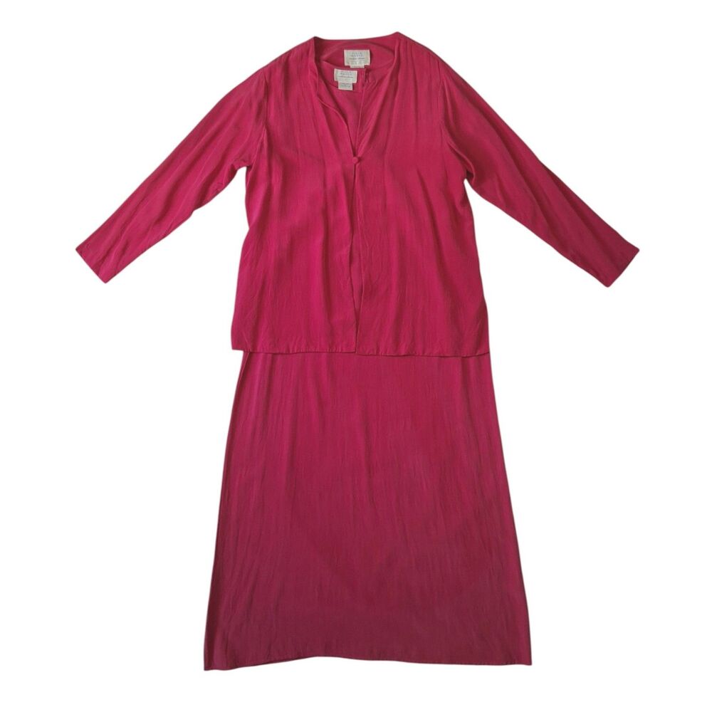 Vintage Field Manor Modern Classics Red Pink Silk Shirt Dress Set Medium Large